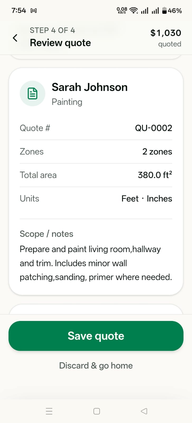 Tradoc review quote screen — job scope, totals, and Save quote